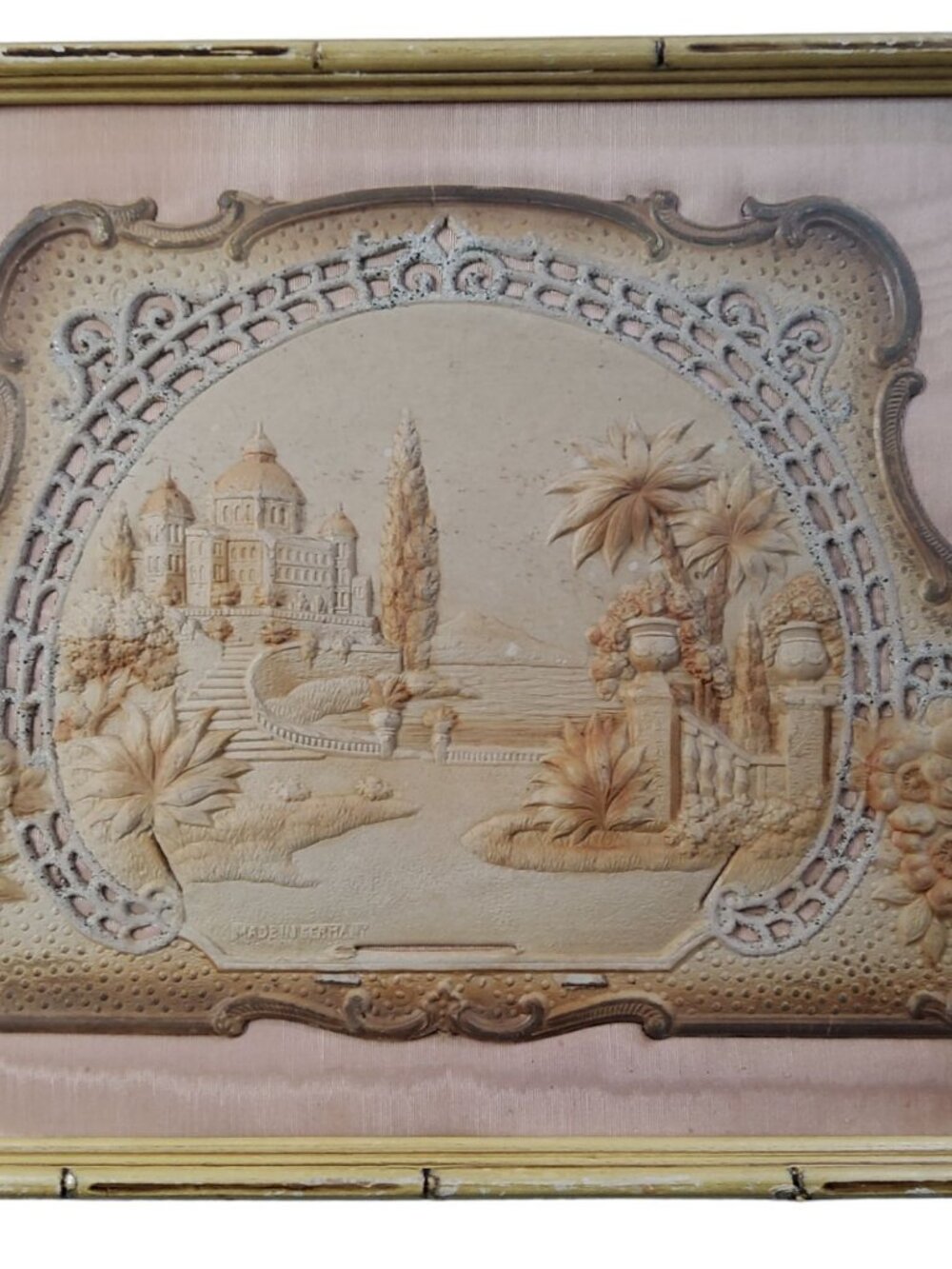 Antique Heavily Embossed Diecut Pulp Calendar Topper made in Germany , Cathedral